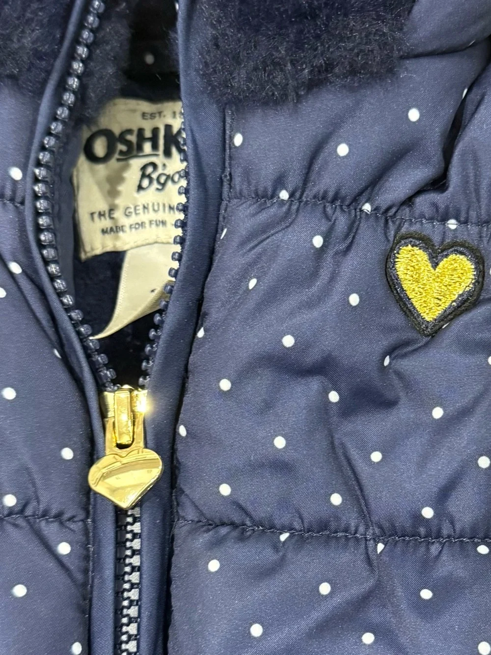 OshKosh B’gosh Baby Girls 12M Navy Polka Dot Hooded Puffer Winter Coat